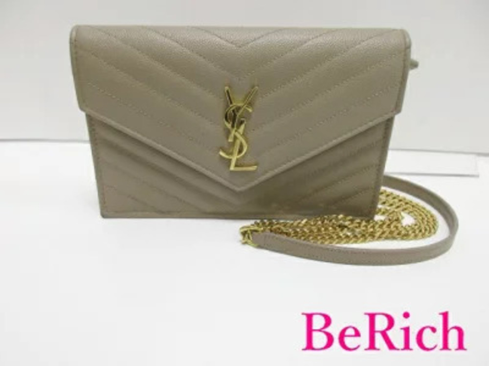 Saint Laurent Cassandra Chain Shoulder Bag Beige Leather L Pouch Handbag